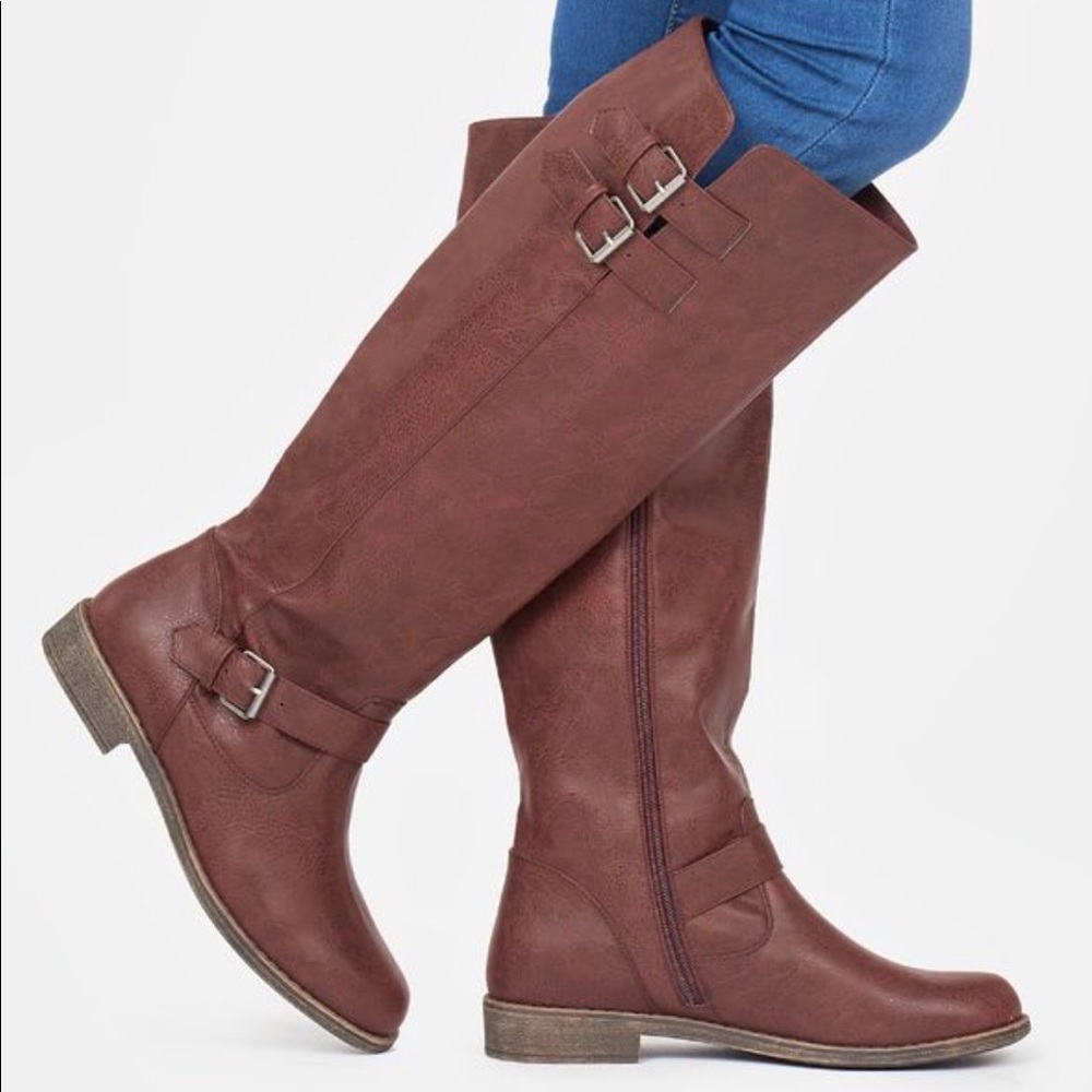 Flat brown knee high boots